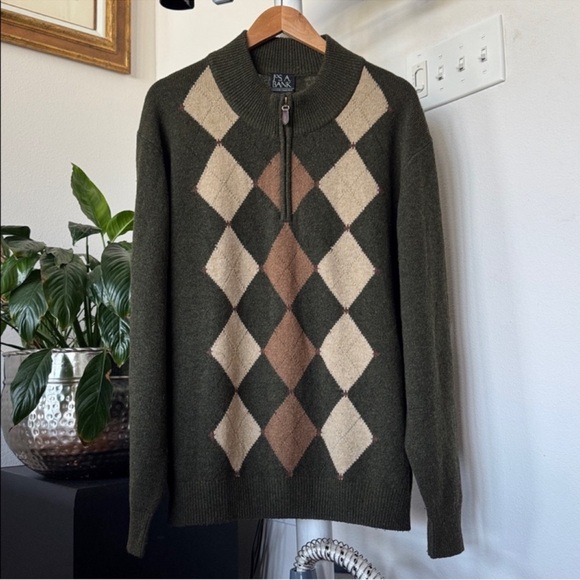 NEW OLD STOCK Men's Jos A Banks Army Green Argyle Henley Sweater Lambswool sz L